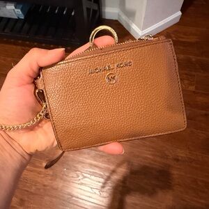 Michael Kors Tan Pebbled Leather Card Pouch with Gold Chain